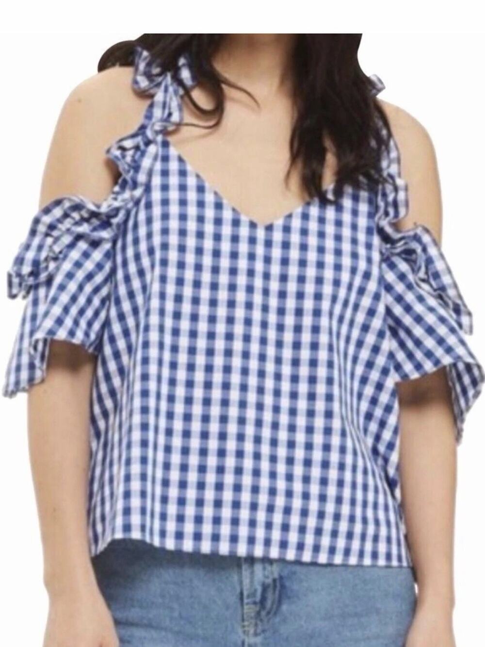Topshop Blue Gingham Cold Shoulder Blouse Sz 4